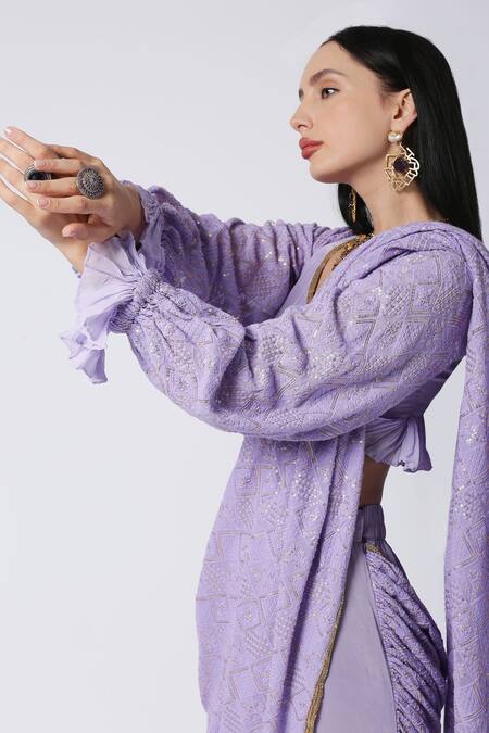 Monk & Mei By Sonia Anand_Purple Georgette Sequins V-neck Pre-stitched Fish Cut Saree With Blouse _Online_at_Aza_Fashions