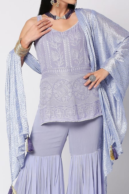 Buy_Monk & Mei By Sonia Anand_Purple Georgette Embroidery, Tassels V-neck Floral Kurta Sharara Set _Online_at_Aza_Fashions