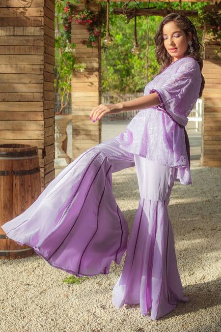 Monk & Mei By Sonia Anand_Purple Georgette Embroidery, Tassels V-neck Floral Kaftan And Sharara Set _Online_at_Aza_Fashions