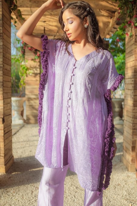 MONK & MEI BY SONIA ANAND_Purple Georgette Tassels V-neck V Kaftan And Pant Set _Online_at_Aza_Fashions