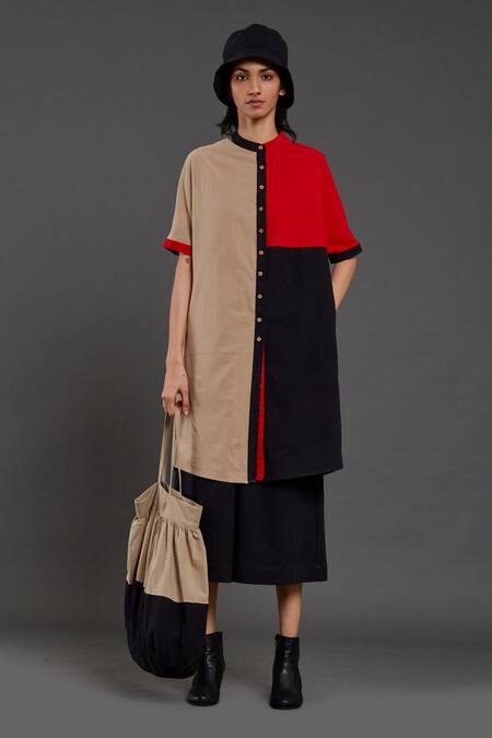 MATI_Beige Cotton Bandeau Neck Color Block Long Tunic_Online_at_Aza_Fashions