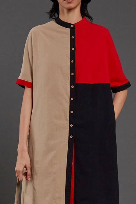 Buy_MATI_Beige Cotton Bandeau Neck Color Block Long Tunic_Online_at_Aza_Fashions