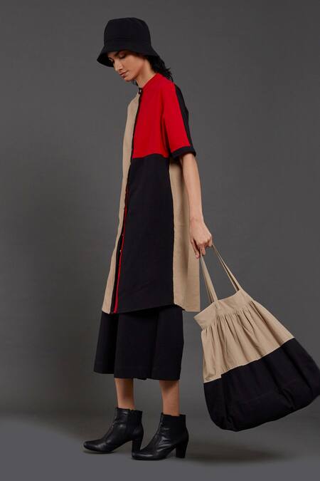 MATI_Beige Cotton Bandeau Neck Color Block Long Tunic_at_Aza_Fashions