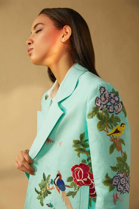 Betrue_Blue Linen Embroidery Collared Double Breasted Box Jacket _Online_at_Aza_Fashions