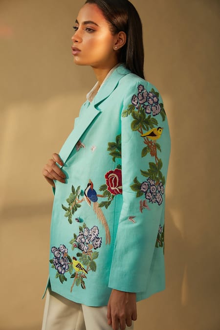 Buy_Betrue_Blue Linen Embroidery Collared Double Breasted Box Jacket _Online_at_Aza_Fashions