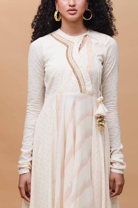 Rishi and Vibhuti Pink Linen Lace Round Neck Hibiscus Angrakha Anarkali And Pant Set Online at Aza Fashions Rishi and Vibhuti_Pink Linen Lace Round Neck Hibiscus Angrakha Anarkali And Pant Set _Online_at_Aza_Fashions