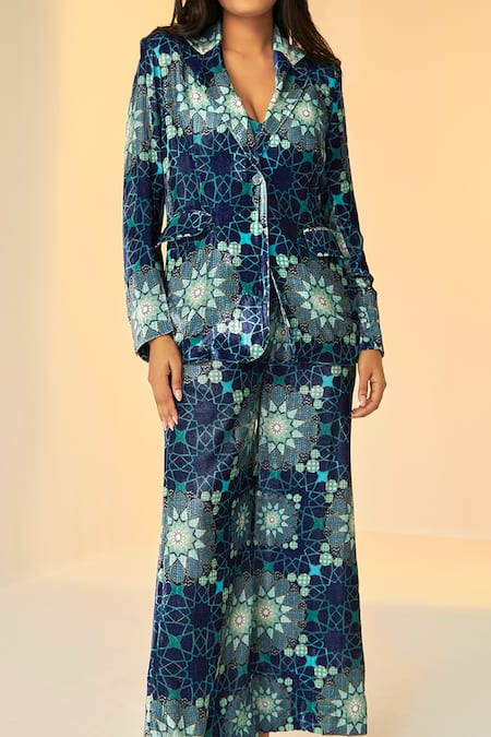 Betrue_Blue Velvet Embroidery Collared Tashkent Print Jacket With Pant _Online_at_Aza_Fashions