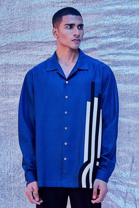 Line Out Line Blue Cotton Streamline Patchwork Shirt Online at Aza Fashions Line Out Line_Blue Cotton Streamline Patchwork Shirt_Online_at_Aza_Fashions