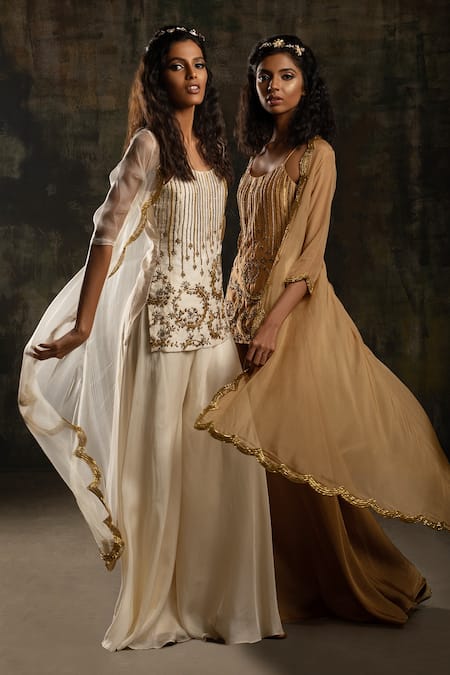 Shop_Mona And Vishu_Beige Denim, Organza Beads, Zari Scallop Border Embellished Jacket Kurta Set _Online_at_Aza_Fashions