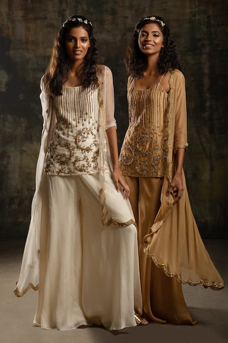 Mona And Vishu_Beige Denim, Organza Beads, Zari Scallop Border Embellished Jacket Kurta Set _at_Aza_Fashions