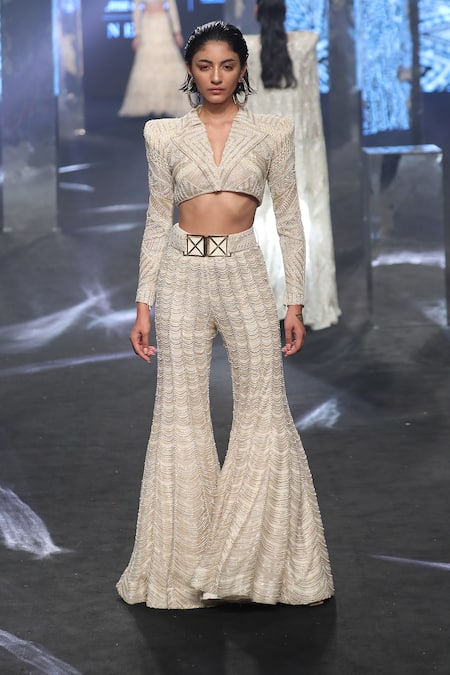 Ritika Mirchandani Beige Net Embroidery Bead Notched Tyla Cropped Blazer And Sharara Set Online at Aza Fashions Ritika Mirchandani_Beige Net Embroidery Bead Notched Tyla Cropped Blazer And Sharara Set _Online_at_Aza_Fashions