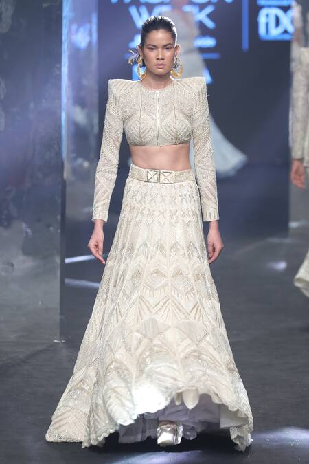 Ritika Mirchandani Beige Net, Crepe, Georgette Beads, Sequins, Erinn Geometric Bridal Lehenga Set Online at Aza Fashions Ritika Mirchandani_Beige Net, Crepe, Georgette Beads, Sequins, Erinn Geometric Bridal Lehenga Set _Online_at_Aza_Fashions