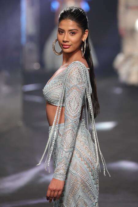 Ritika Mirchandani_Blue Net Embroidery Bead Broad V Saga Geometric Blouse And Skirt Set  _Online_at_Aza_Fashions