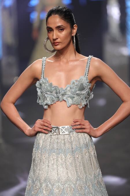 Ritika Mirchandani Blue Net, Crepe, Georgette Beads, Tissa Applique Blouse Bridal Lehenga Set Online at Aza Fashions Ritika Mirchandani_Blue Net, Crepe, Georgette Beads, Tissa Applique Blouse Bridal Lehenga Set _Online_at_Aza_Fashions