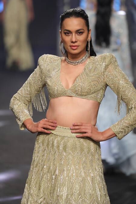 Ritika Mirchandani Green Net, Crepe, Georgette Raisa Geometric Embroidered Bridal Lehenga Set Online at Aza Fashions Ritika Mirchandani_Green Net, Crepe, Georgette Raisa Geometric Embroidered Bridal Lehenga Set _Online_at_Aza_Fashions