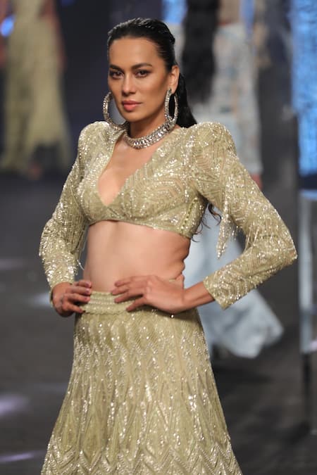 Buy Ritika Mirchandani Green Net, Crepe, Georgette Raisa Geometric Embroidered Bridal Lehenga Set Online at Aza Fashions Buy_Ritika Mirchandani_Green Net, Crepe, Georgette Raisa Geometric Embroidered Bridal Lehenga Set _Online_at_Aza_Fashions