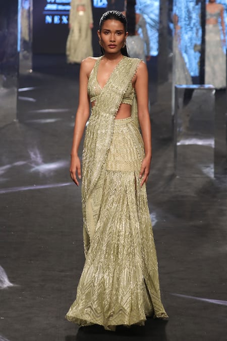 Ritika Mirchandani_Green Net Beads, Sequins, Embroidery Plunge Neck Vera Lehenga Saree With Blouse _Online_at_Aza_Fashions