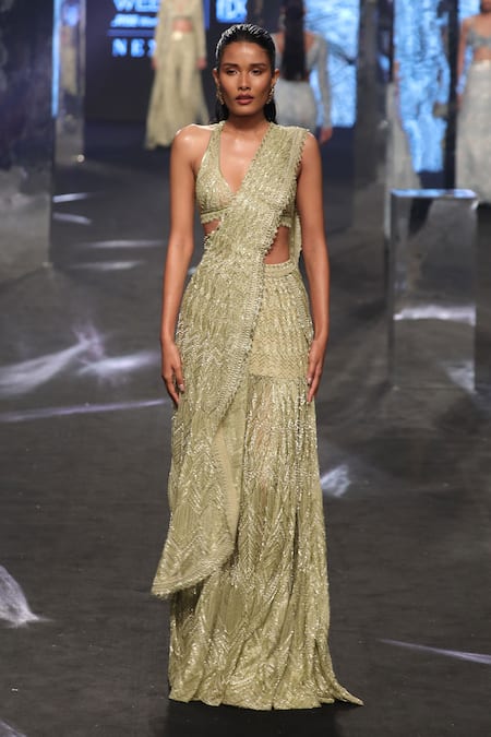 Buy_Ritika Mirchandani_Green Net Beads, Sequins, Embroidery Plunge Neck Vera Lehenga Saree With Blouse _Online_at_Aza_Fashions