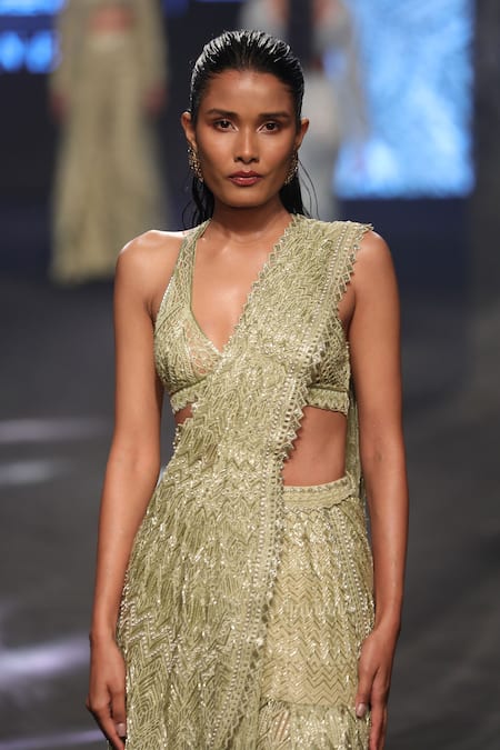 Shop_Ritika Mirchandani_Green Net Beads, Sequins, Embroidery Plunge Neck Vera Lehenga Saree With Blouse _Online_at_Aza_Fashions