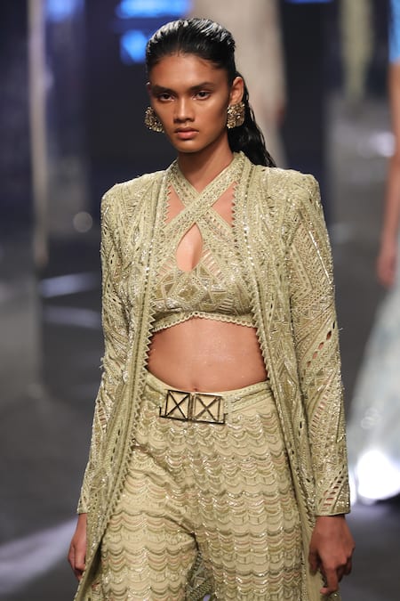 Ritika Mirchandani Green Net, Crepe Embroidery, Beads, Zana Abstract Pattern Jacket Sharara Set Online at Aza Fashions Ritika Mirchandani_Green Net, Crepe Embroidery, Beads, Zana Abstract Pattern Jacket Sharara Set _Online_at_Aza_Fashions