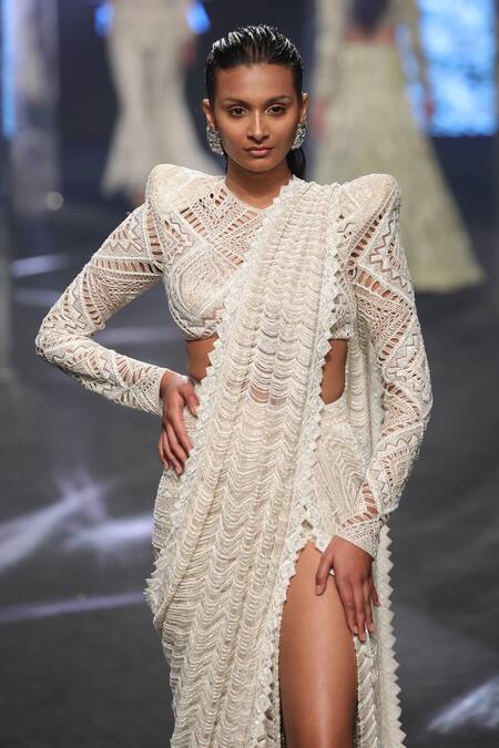 Ritika Mirchandani Ivory Net Embroidery Bead Round Nallie Lehenga Saree With Blouse Online at Aza Fashions Ritika Mirchandani_Ivory Net Embroidery Bead Round Nallie Lehenga Saree With Blouse _Online_at_Aza_Fashions