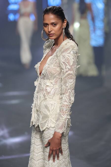 Ritika Mirchandani Ivory Net Embroidery Bead V Siriy Abstract Floral Kurta And Sharara Set Online at Aza Fashions Ritika Mirchandani_Ivory Net Embroidery Bead V Siriy Abstract Floral Kurta And Sharara Set _Online_at_Aza_Fashions