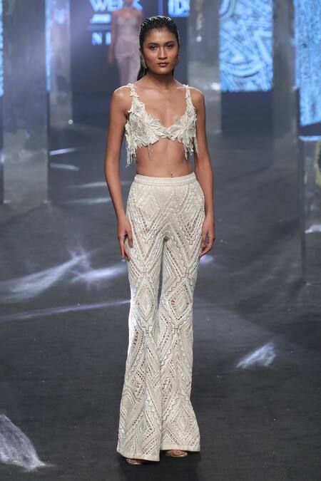 Ritika Mirchandani Ivory Net Embroidery Floral Plunge Hazel Applique Bustier And Pant Set Online at Aza Fashions Ritika Mirchandani_Ivory Net Embroidery Floral Plunge Hazel Applique Bustier And Pant Set _Online_at_Aza_Fashions