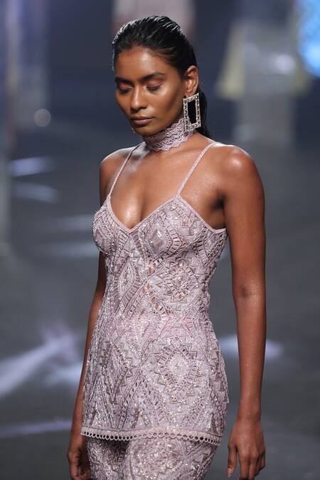 Ritika Mirchandani Purple Net Embroidery Magen Geometric Cut-work Short Kurta With Pant Online at Aza Fashions Ritika Mirchandani_Purple Net Embroidery Magen Geometric Cut-work Short Kurta With Pant _Online_at_Aza_Fashions