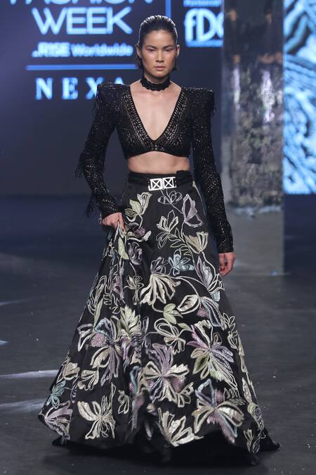 Ritika Mirchandani Black Net, Crepe, Georgette Beads, Freda Resham Floral Lehenga And Blouse Set Online at Aza Fashions Ritika Mirchandani_Black Net, Crepe, Georgette Beads, Freda Resham Floral Lehenga And Blouse Set _Online_at_Aza_Fashions