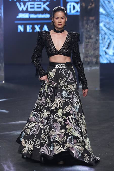 Buy Ritika Mirchandani Black Net, Crepe, Georgette Beads, Freda Resham Floral Lehenga And Blouse Set Online at Aza Fashions Buy_Ritika Mirchandani_Black Net, Crepe, Georgette Beads, Freda Resham Floral Lehenga And Blouse Set _Online_at_Aza_Fashions