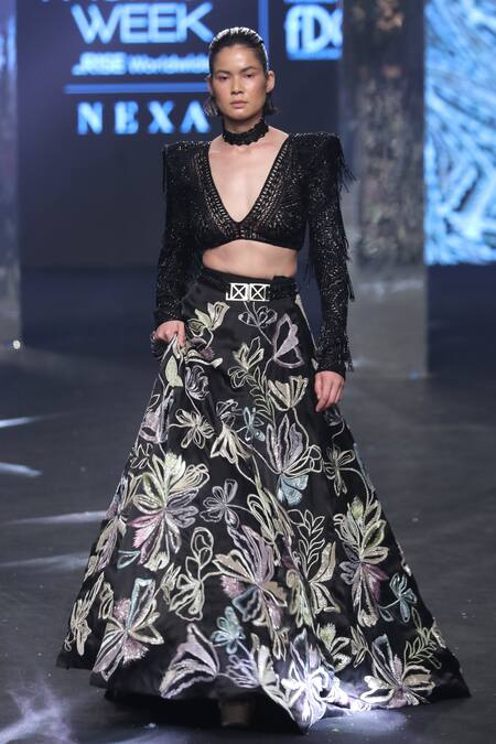 Shop Ritika Mirchandani Black Net, Crepe, Georgette Beads, Freda Resham Floral Lehenga And Blouse Set Online at Aza Fashions Shop_Ritika Mirchandani_Black Net, Crepe, Georgette Beads, Freda Resham Floral Lehenga And Blouse Set _Online_at_Aza_Fashions