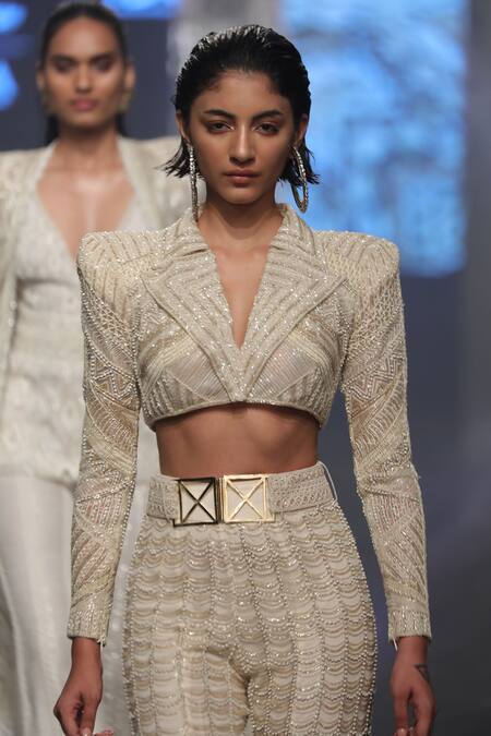 Buy Ritika Mirchandani Beige Net Embroidery Bead Notched Tyla Cropped Blazer And Sharara Set Online at Aza Fashions Buy_Ritika Mirchandani_Beige Net Embroidery Bead Notched Tyla Cropped Blazer And Sharara Set _Online_at_Aza_Fashions