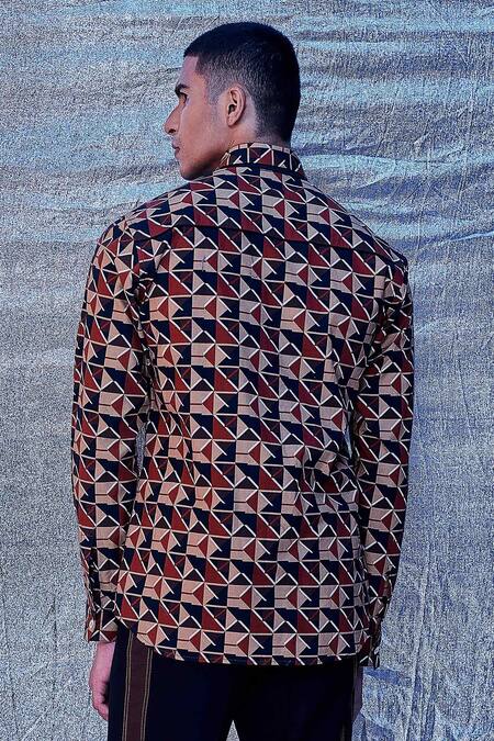 Line Out Line_Brown Cotton Poplin Print Chevron Geo Shirt_Online_at_Aza_Fashions