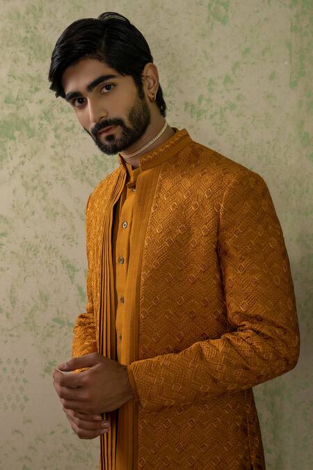 Ankita Shahabadi Yellow Silk Thread Pratiksh Embroidered Achkan Online at Aza Fashions Ankita Shahabadi_Yellow Silk Thread Pratiksh Embroidered Achkan _Online_at_Aza_Fashions