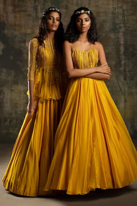 Shop_Mona And Vishu_Yellow Peplum Organza, Skirt Chanderi Beads, Zardozi Round Top And Set _Online_at_Aza_Fashions