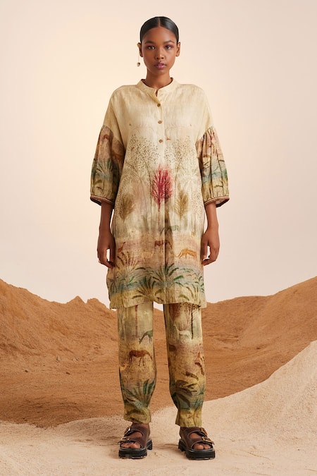 Cord White Linen Embroidery Mandarin Collar Oracle Printed Kurta And Pant Set Online at Aza Fashions Cord_White Linen Embroidery Mandarin Collar Oracle Printed Kurta And Pant Set_Online_at_Aza_Fashions