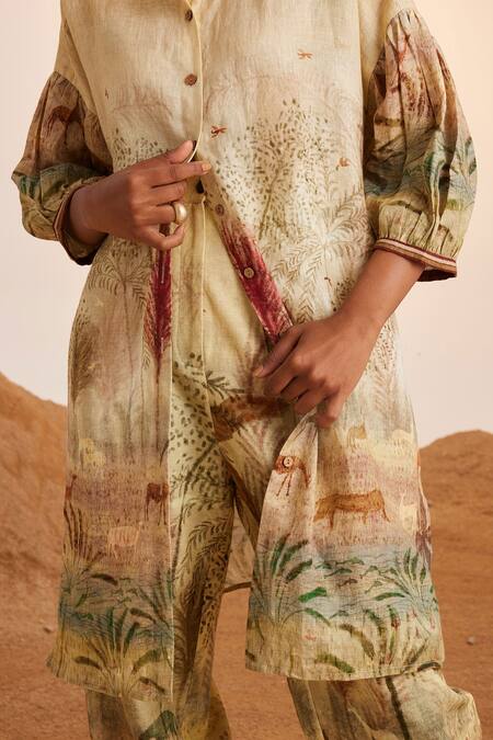 Shop Cord White Linen Embroidery Mandarin Collar Oracle Printed Kurta And Pant Set Online at Aza Fashions Shop_Cord_White Linen Embroidery Mandarin Collar Oracle Printed Kurta And Pant Set_Online_at_Aza_Fashions