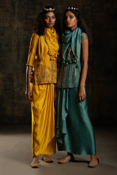 Buy Mona And Vishu Blue Draped Skirt Satin Linen, Kurta And Scarf Chanderi Silk Embroidered Set Online at Aza Fashions Buy_Mona And Vishu_Blue Draped Skirt Satin Linen, Kurta And Scarf Chanderi Silk Embroidered Set _Online_at_Aza_Fashions