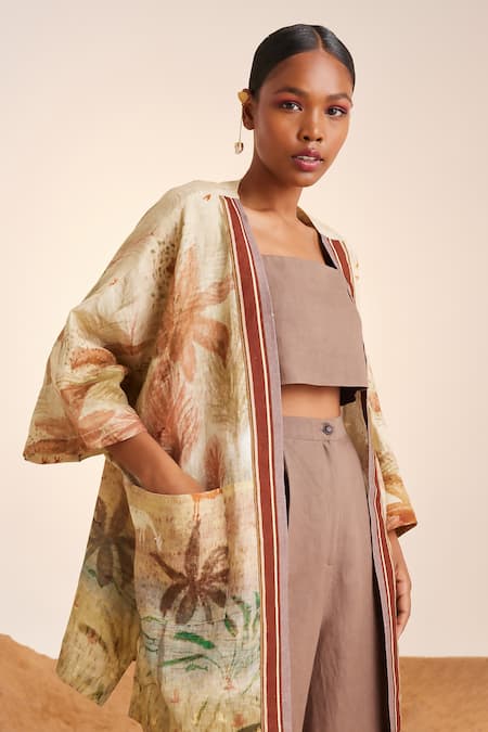 Shop_Cord_Beige Linen Square Neck June Printed Cape And Pant Set _Online_at_Aza_Fashions