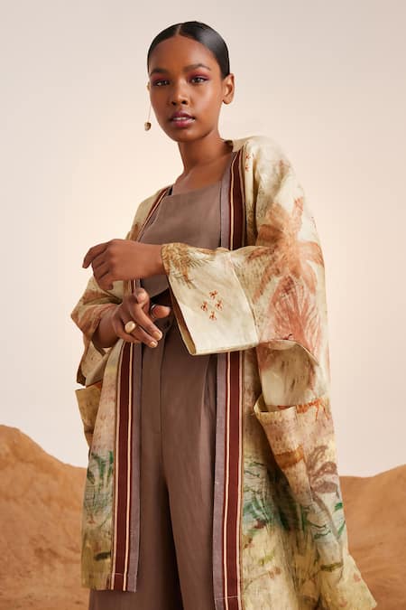 Cord_Beige Linen Square Neck June Printed Cape And Pant Set _at_Aza_Fashions