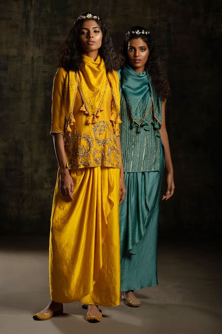 Mona And Vishu Blue Draped Skirt Satin Linen, Kurta And Scarf Chanderi Silk Embroidered Set at Aza Fashions Mona And Vishu_Blue Draped Skirt Satin Linen, Kurta And Scarf Chanderi Silk Embroidered Set _at_Aza_Fashions