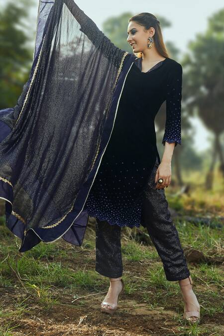 Monk & Mei By Sonia Anand_Blue Velvet, Georgette Sequins, Lace Collared Embroidered Straight Kurta Set _Online_at_Aza_Fashions