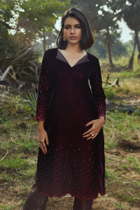 Buy_Monk & Mei By Sonia Anand_Wine Velvet, Georgette Sequins Collared Embroidered Kurta And Pant Set _Online_at_Aza_Fashions
