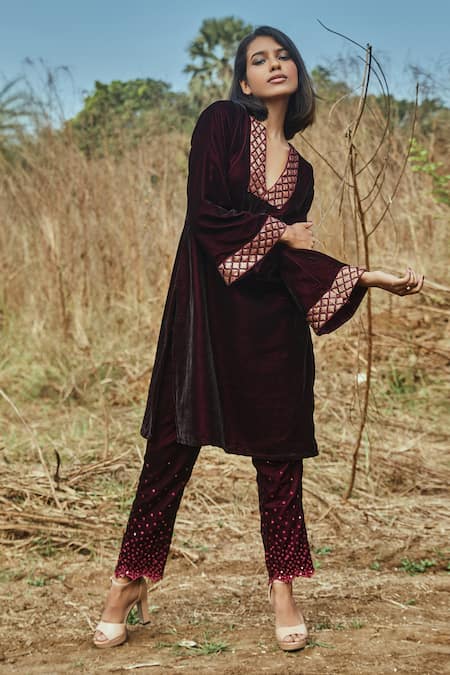 Buy Monk & Mei By Sonia Anand Wine Velvet Embroidery V-neck Straight Kurta And Pant Set Online at Aza Fashions Buy_Monk & Mei By Sonia Anand_Wine Velvet Embroidery V-neck Straight Kurta And Pant Set _Online_at_Aza_Fashions