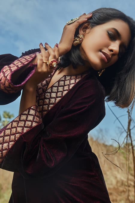Shop Monk & Mei By Sonia Anand Wine Velvet Embroidery V-neck Straight Kurta And Pant Set Online at Aza Fashions Shop_Monk & Mei By Sonia Anand_Wine Velvet Embroidery V-neck Straight Kurta And Pant Set _Online_at_Aza_Fashions
