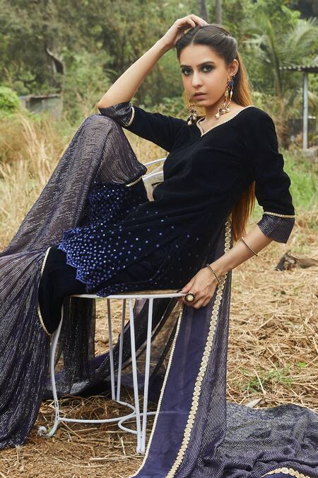 Monk & Mei By Sonia Anand Blue Velvet, Georgette, Organza Sequins V-neck Embroidered Kurta Sharara Set Online at Aza Fashions Monk & Mei By Sonia Anand_Blue Velvet, Georgette, Organza Sequins V-neck Embroidered Kurta Sharara Set _Online_at_Aza_Fashions