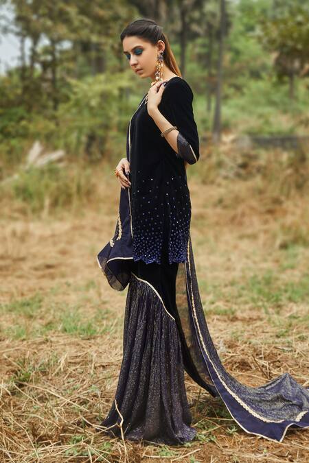 Buy Monk & Mei By Sonia Anand Blue Velvet, Georgette, Organza Sequins V-neck Embroidered Kurta Sharara Set Online at Aza Fashions Buy_Monk & Mei By Sonia Anand_Blue Velvet, Georgette, Organza Sequins V-neck Embroidered Kurta Sharara Set _Online_at_Aza_Fashions