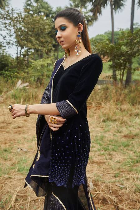 Shop Monk & Mei By Sonia Anand Blue Velvet, Georgette, Organza Sequins V-neck Embroidered Kurta Sharara Set Online at Aza Fashions Shop_Monk & Mei By Sonia Anand_Blue Velvet, Georgette, Organza Sequins V-neck Embroidered Kurta Sharara Set _Online_at_Aza_Fashions