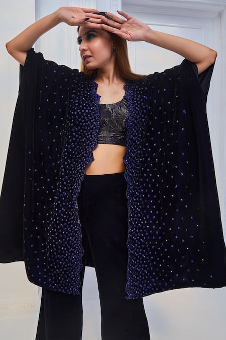 MONK & MEI BY SONIA ANAND_Blue Round Neck Geometric Velvet Kaftan And Pant Set _Online_at_Aza_Fashions