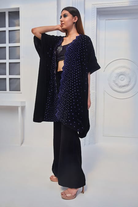 Buy_MONK & MEI BY SONIA ANAND_Blue Round Neck Geometric Velvet Kaftan And Pant Set _Online_at_Aza_Fashions